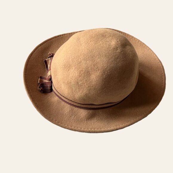 Bollman Girls VTG F1LAWS 100% Wool Felt Tan Fedora w/ Attached Ear Scarf USA S–M - Picture 4 of 9